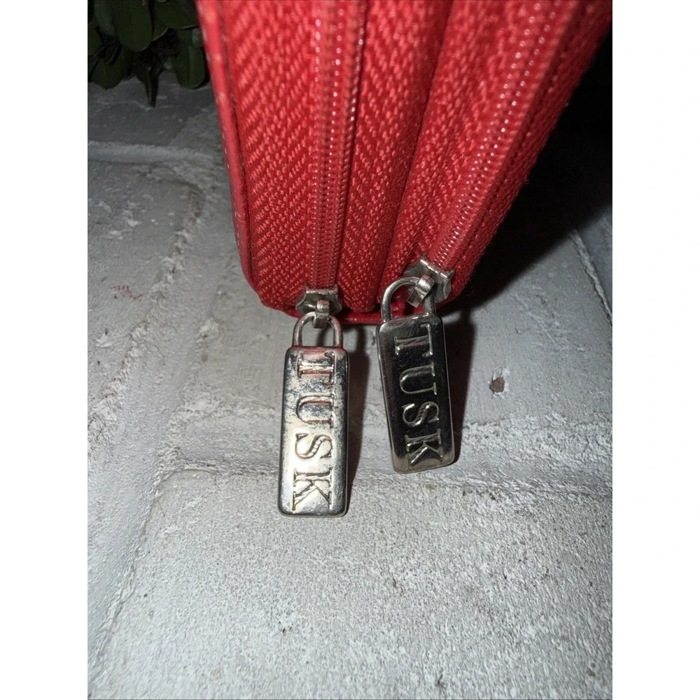 TUSK Red Leather Double Zip Around Wallet 4
